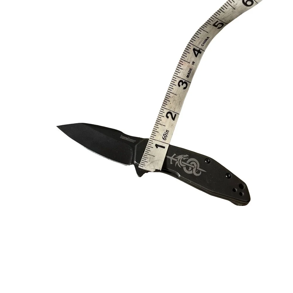 Kershaw 2065 Black Folding Knife 8Cr13MoV w/ Tribal Dragon Engraving EDC